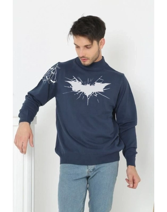 Yarım Boğazlı Baskılı Dokuma Triko -Indigo