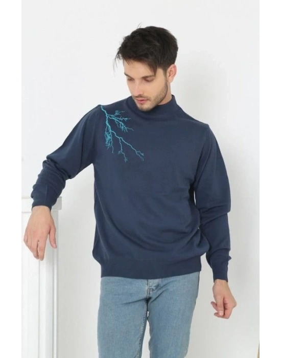 Yarım Boğazlı Baskılı Dokuma Triko - Indigo