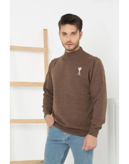 Yarım Boğazlı Baskılı Dokuma Triko - Kahve