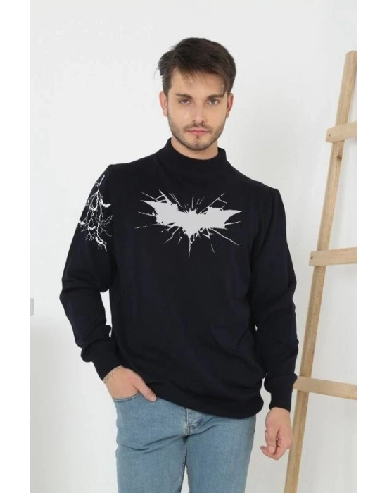 Yarım Boğazlı Baskılı Dokuma Triko - Siyah -