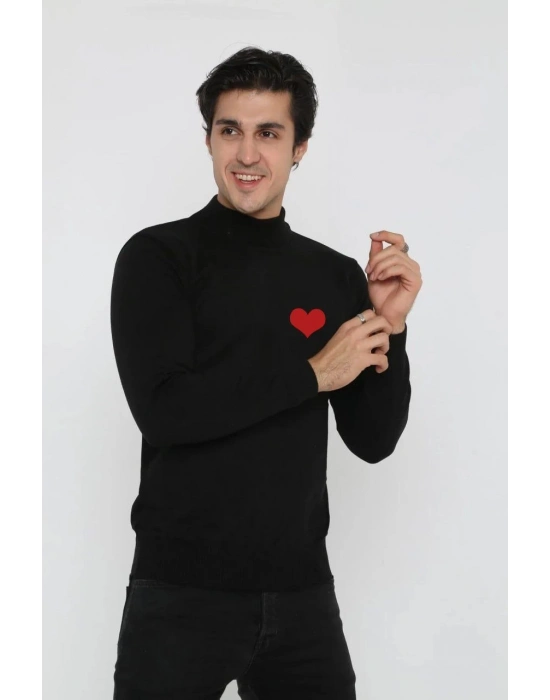 Yarım Boğazlı Baskılı Dokuma Triko - Siyah -