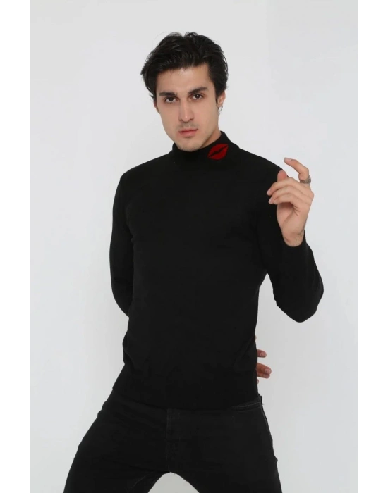 Yarım Boğazlı Baskılı Dokuma Triko - Siyah -