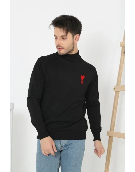 Yarım Boğazlı Baskılı Dokuma Triko - Siyah