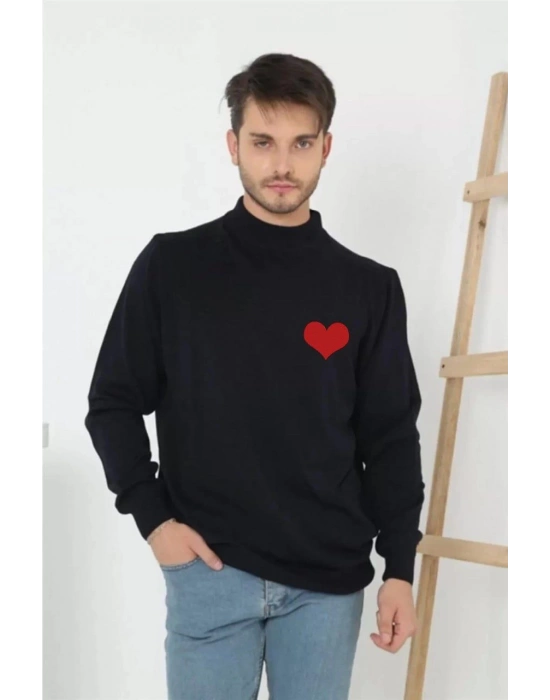 Yarım Boğazlı Baskılı Dokuma Triko - Siyah -