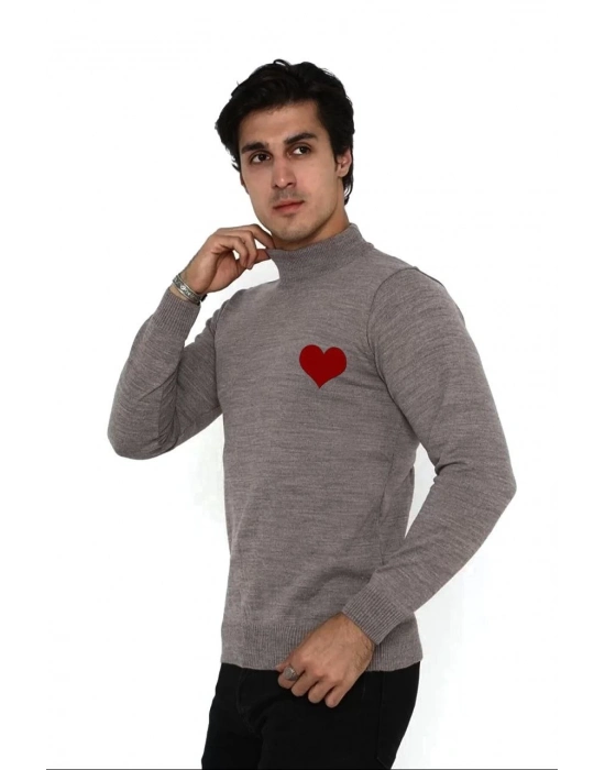 Yarım Boğazlı Baskılı Dokuma Triko - Vizon -