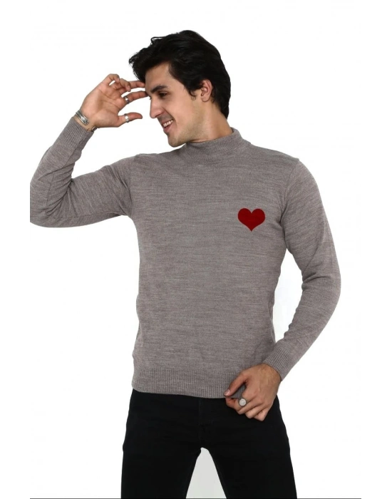 Yarım Boğazlı Baskılı Dokuma Triko - Vizon -