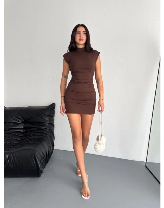 Yarım Bogazlı Kolsuz Mini Boy Elbise - Kahve