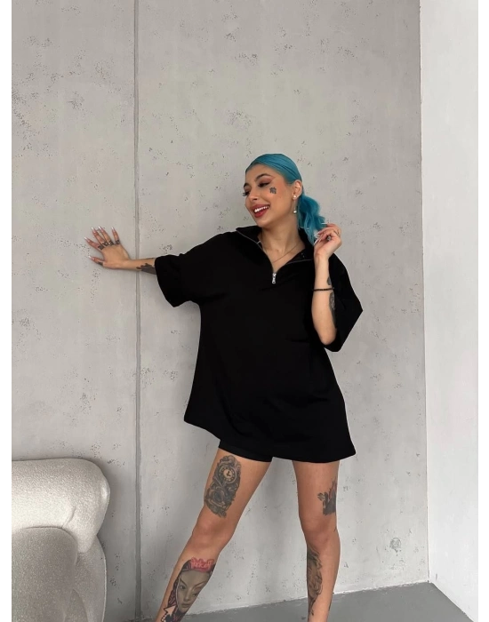 Yarım Fermuarlı Basic T-Shirt - Siyah -