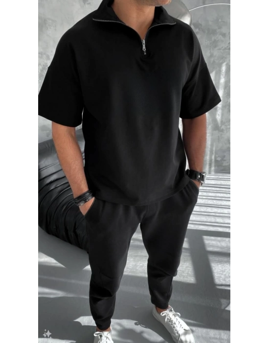 Yarım Fermuarlı Basic T-Shirt - Siyah -