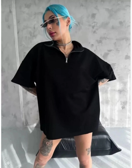 Yarım Fermuarlı Düz Oversize T-Shirt - Siyah -