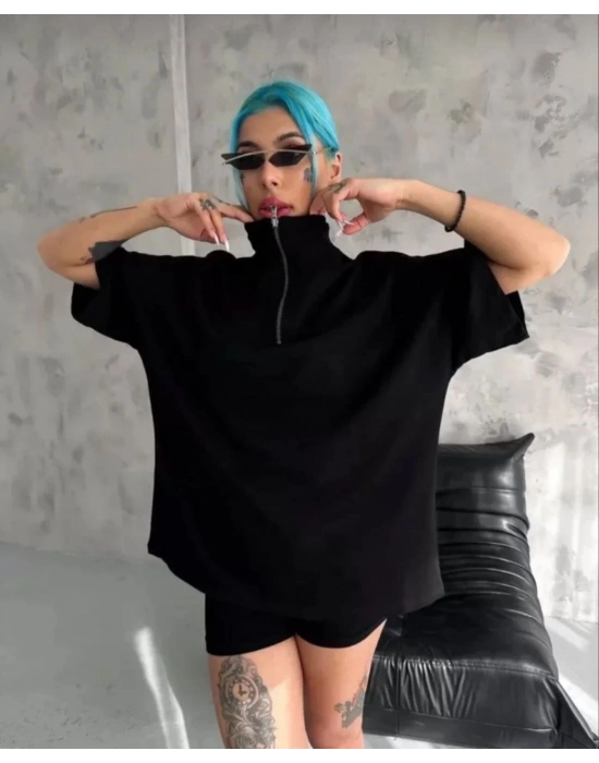 Yarım Fermuarlı Düz Oversize T-Shirt - Siyah -