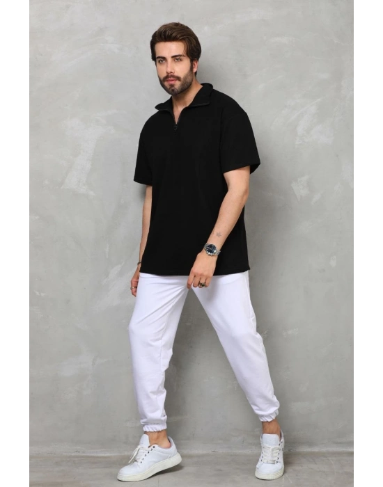 Yarım Fermuarlı Düz Oversize T-shirt - Siyah -