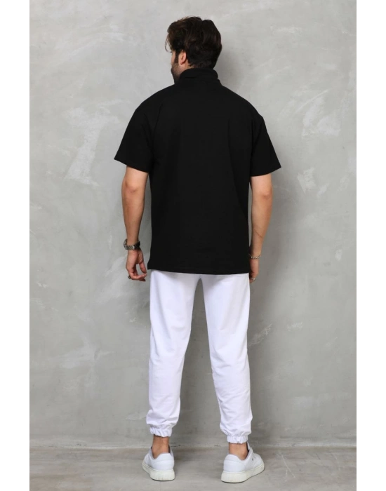 Yarım Fermuarlı Düz Oversize T-shirt - Siyah -