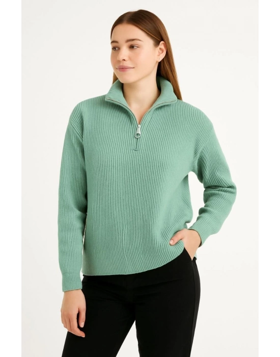 Yarım Fermuarlı Triko Kazak - Mint Yeşili -