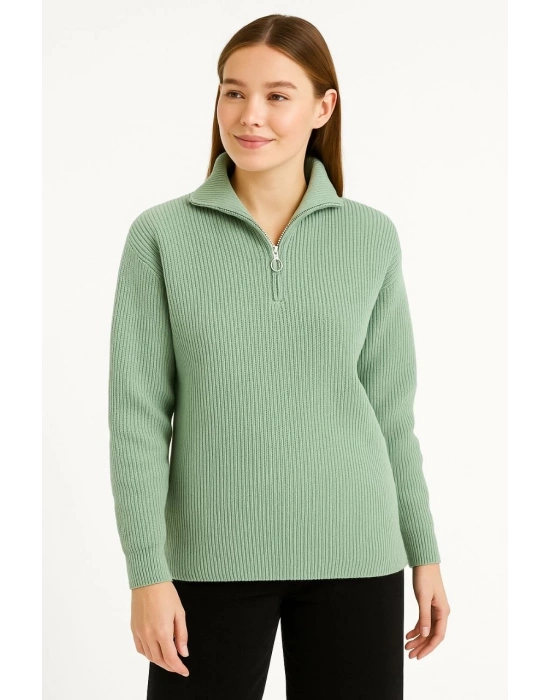 Yarım Fermuarlı Triko Kazak - Mint Yeşili -