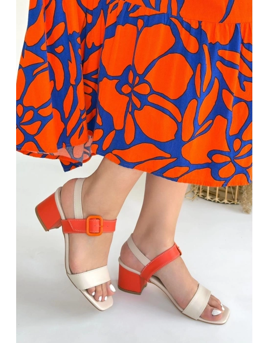 Year Bej Cilt Turuncu Detaylı Turuncu Topuklu Topuklu Ayakkabı