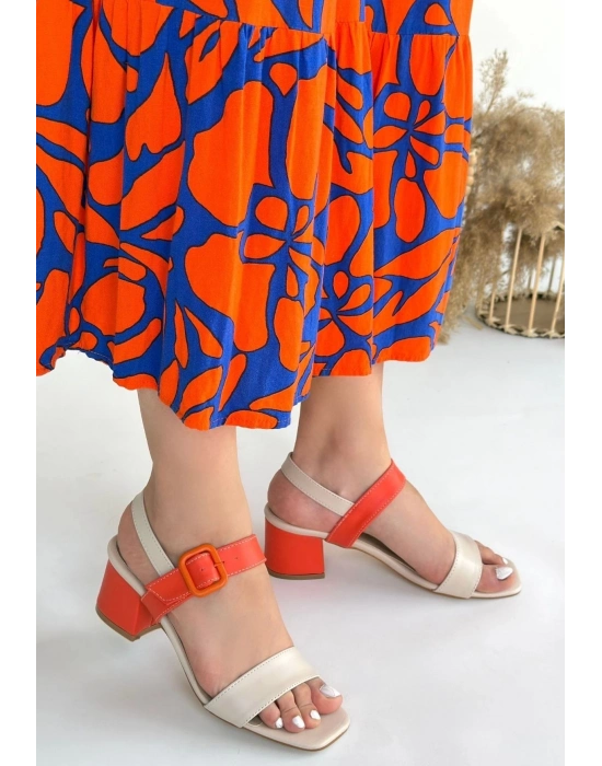 Year Bej Cilt Turuncu Detaylı Turuncu Topuklu Topuklu Ayakkabı