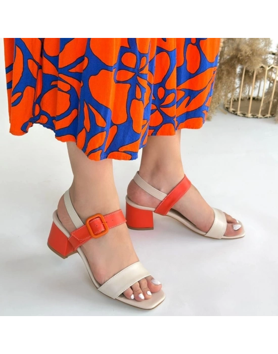 Year Bej Cilt Turuncu Detaylı Turuncu Topuklu Topuklu Ayakkabı