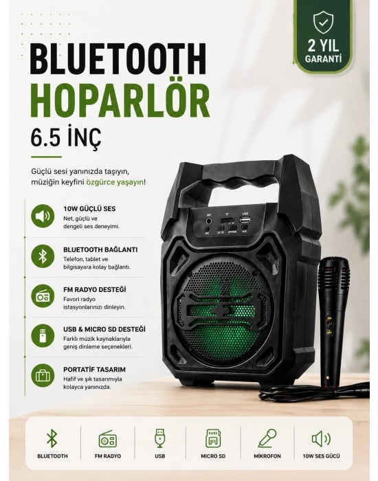 Yeni Nesil 6.5 İnç Bluetooth Hoparlör Mikrofonlu Taşınabilir Ses Sistemi