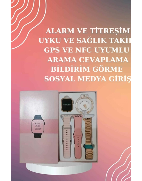 Yeni Nesil Pembe Dokunmatik Ekran Akıllı Saat ve  Kulaklığı Kablosuz Bluetooth Kulaklık