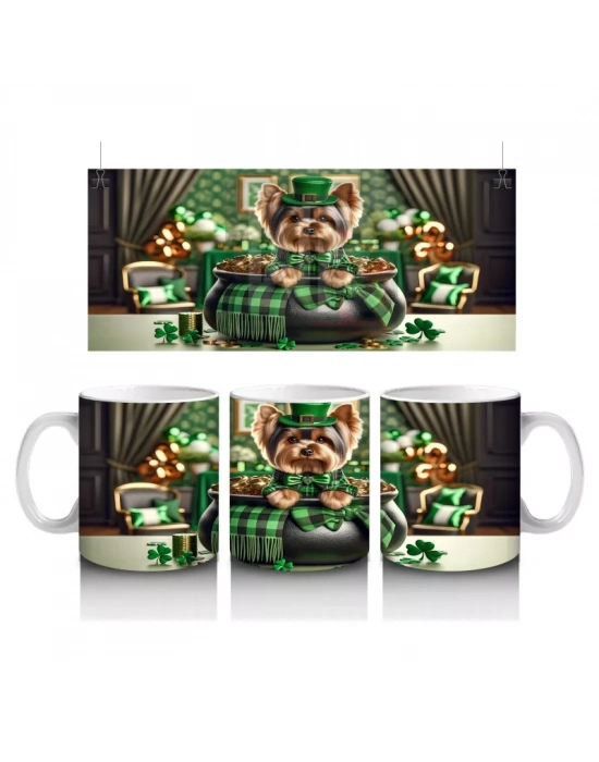Yeşil Ceketli ve Şapkalı Yorkshire Terrier – Baskılı Kahve Kupası