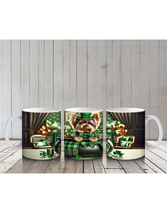 Yeşil Ceketli ve Şapkalı Yorkshire Terrier – Baskılı Kahve Kupası