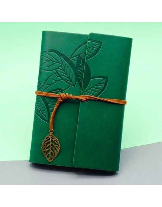 Yeşil Deri Kapaklı Yaprak Desenli Defter