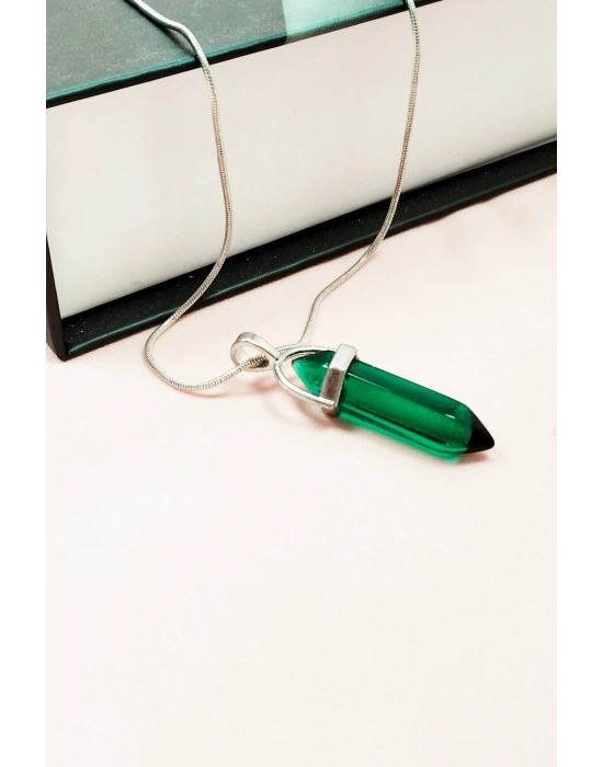 Yeşil Kuvars Doğal Taşı Zincirli El Yapımı Tasarımlı Kolye Uç: 3,5 cm Zincir: 20 cm Kutulu