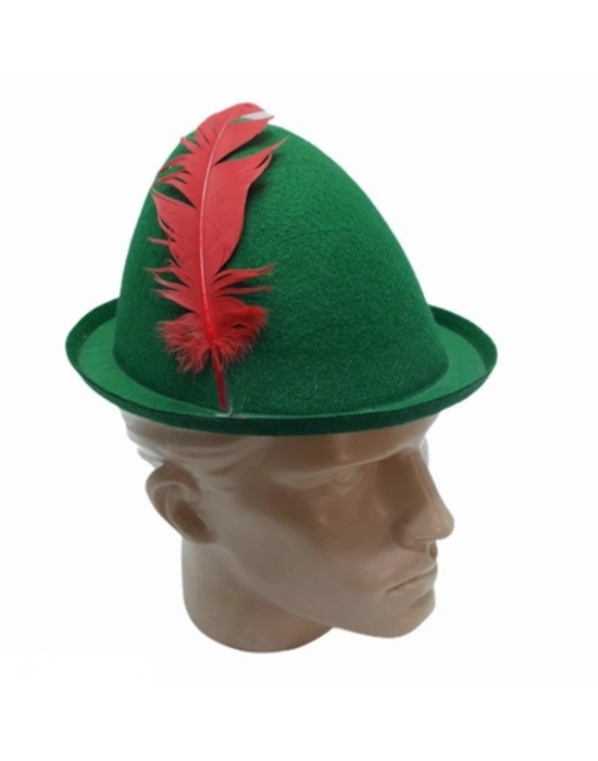Yeşil Renk Kırmızı Tüylü Peter Pan Şapkası Robin Hood Şapkası 24x23 Cm