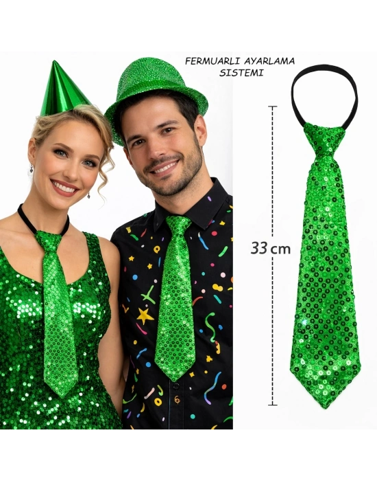 Yeşil Renk Pul Payetli Işıltılı Parti Kravatı 33 Cm