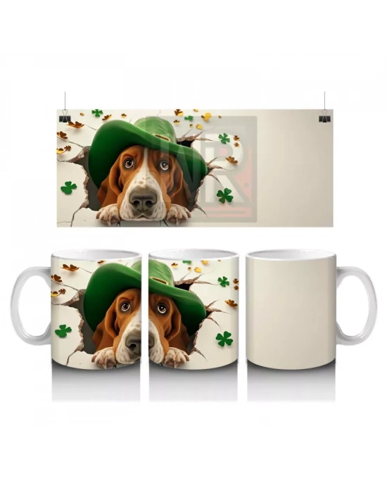 Yeşil Şapkalı Basset Hound Figürü ve Yonca Detayları - Baskılı kahve kupası