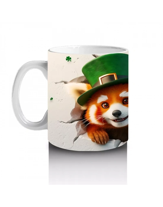 Yeşil Şapkalı Kırmızı Panda ve Yonca Yaprakları – Baskılı Kahve Kupası
