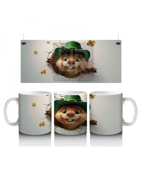 Yeşil Şapkalı Sevimli Kunduz Karakteri - Baskılı kahve kupası