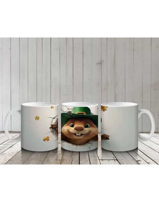 Yeşil Şapkalı Sevimli Kunduz Karakteri - Baskılı kahve kupası
