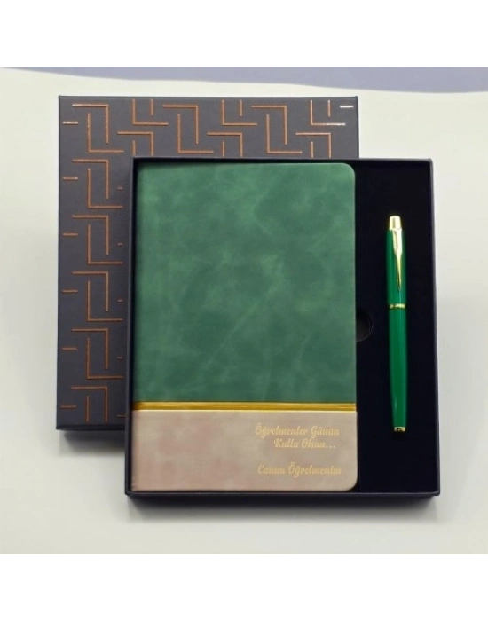 Yeşil Şeritli Defter Ve Yeşil Metal Kalem Set