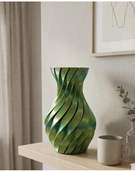 Yeşil Spiral 3D Baskı Vazo Estetik Modern Ev Ofis Dekoru