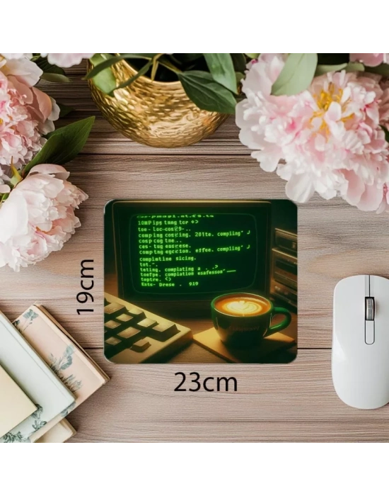 Yeşil Terminal Ekranı ve Espresso Mousepad - 19x23 cm 2 mm Dikdörtgen İthal Baskılı Mouse Pad