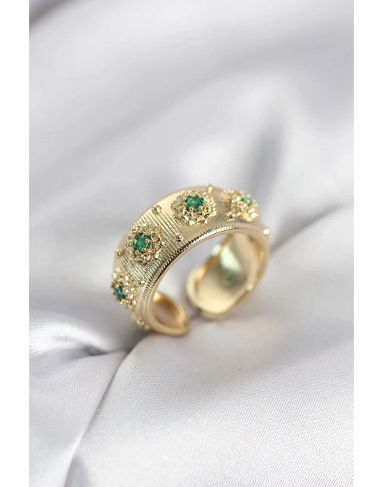 ® Yeşil Zirkon Taşlı Gold Renk Vintage Kadın Yüzük