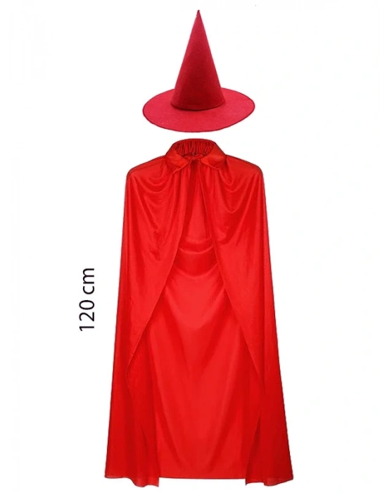 Yetişkin Boy 120 Cm Kırmızı Yakalı Pelerin Ve Kırmızı Cadı Şapkası