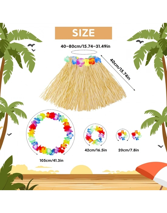 Yetişkin Çocuk Hawaii Parti Seti - 40 Cm Naturel Etek + Çiçek Aksesuarlar (5 Parça)