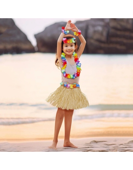 Yetişkin Çocuk Hawaii Parti Seti - 40 Cm Naturel Etek + Çiçek Aksesuarlar (5 Parça)
