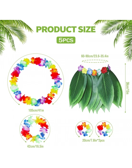 Yetişkin Hawaii Kostüm Seti - Yaprak Etek & Hawaii Set - 5 Parça