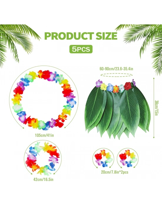 Yetişkin Hawaii Kostüm Seti - Yaprak Etek & Hawaii Set - 5 Parça
