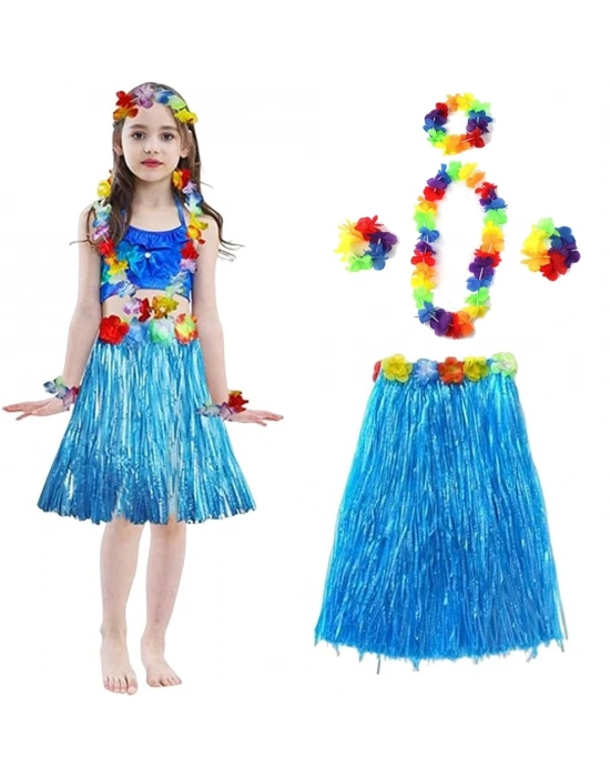 Yetişkin Ve Çocuk Uyumlu Hawaii Luau Aloha Mavi Püsküllü Etek Kolye Taç Ve 2 Adet Bileklik Seti