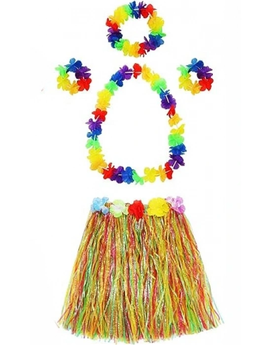 Yetişkin Ve Çocuk Uyumlu Luau Aloha Hawaii  Kolye Renkli Etek Taç Ve Bileklik Seti