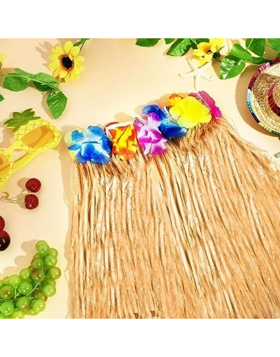 Yetişkin Ve Çocuk Uyumlu Saman Renk Hawaii Luau Hula Etek 40 Cm 12 Adet