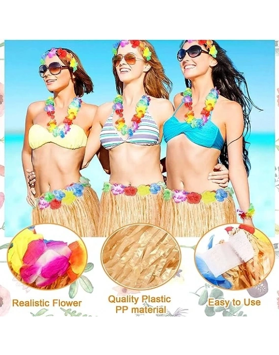 Yetişkin Ve Çocuk Uyumlu Saman Renk Hawaii Luau Hula Etek 40 Cm 12 Adet