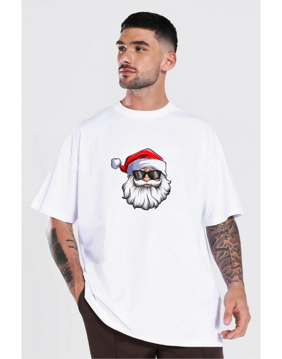 Yılbaşı Gözlüklü Noel Baba Baskılı Kısa Kollu Oversize Bisiklet Yaka T-shirt - Beyaz