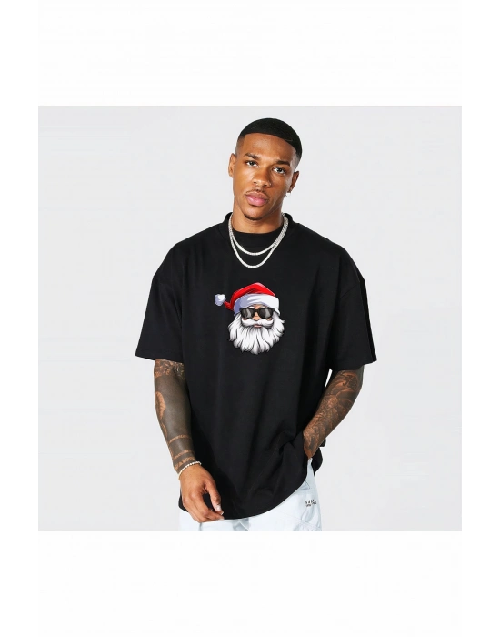 Yılbaşı Gözlüklü Noel Baba Baskılı Kısa Kollu Oversize Bisiklet Yaka T-shirt - Siyah
