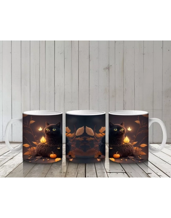 Yılbaşı Işıkları Arasında Siyah Kediler – Baskılı Kahve Kupası